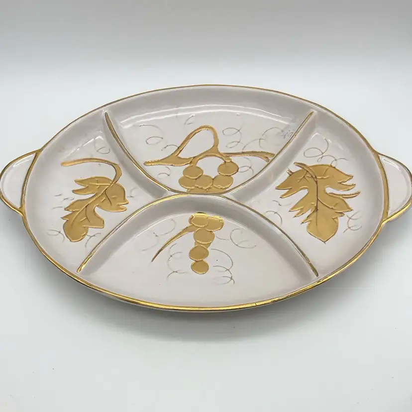 Gold & White Italian Serving Tray Grape Design on Oval with 4 divisions Marked ITALY 90\715\4