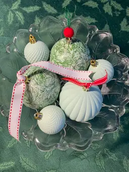 4 Faux Jadite Ornaments + 2 Green Decoupage Large Ornaments