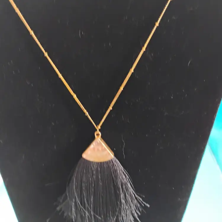 #01 Tassel Pendant Necklace, 28in, Gold-tone chain, Fringe fan pendant.