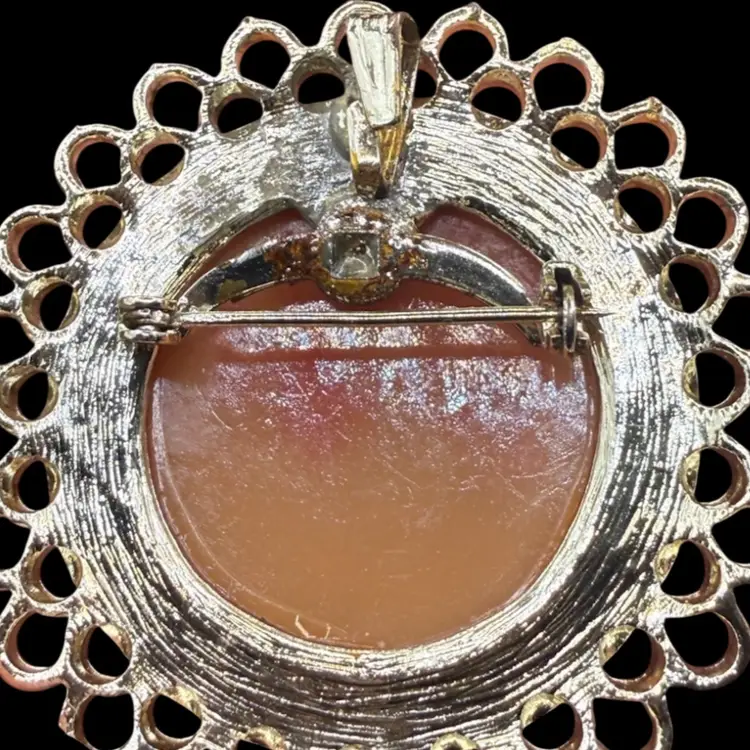 vintage rose and ivory color resin cameo brooch
