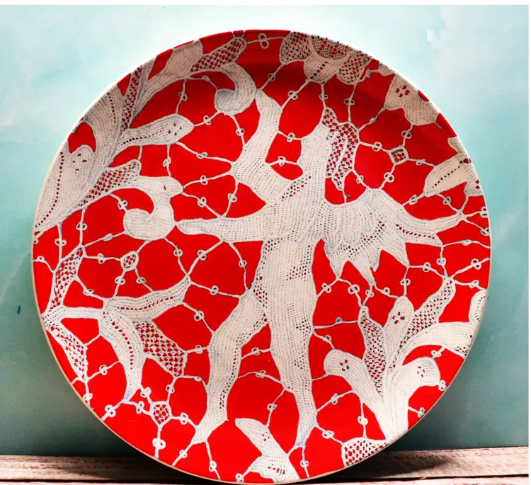 Vintage Wisteria Red White Plates Cherub Floral Lace Patterns Set of 4 Holiday