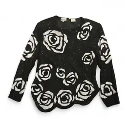 Vintage Patra 10 Sequin & Beaded Blouse Top Black & White, Retro Floral Silk Top