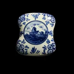 #01 Vintage Small Porcelain Delfware Trinket Box. Dutch Inspired, Hand Painted Delf Blue “windmill & Landscape Scene Motif Design. Signed Hand Painted Delf TS Blues # 552