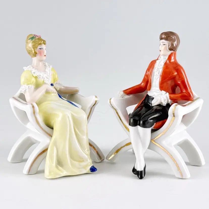 Dresden Lace Seated Victorian Man Woman Figurines Hand Painted Porcelain Germany
