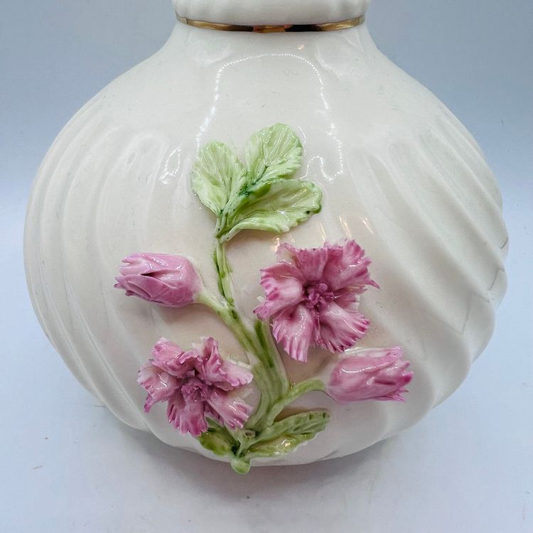 Belleek Ireland Pink Floral Scroll Vase 7” FF