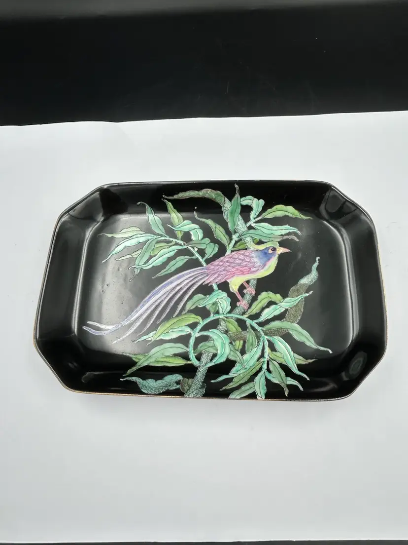Vintage Toyo ceramic hand painted bird and floral Gold Rim dish