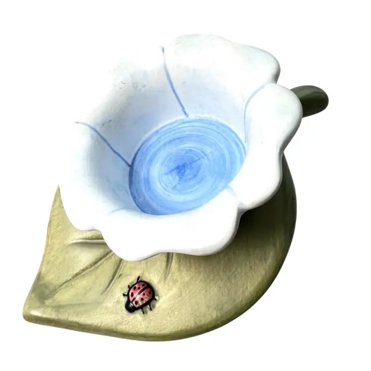 Blue Flower & Ladybug On Green Leaf Ceramic Tea light Votive Holder. Vintage 2000.