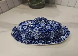 1/4 lb Covered Butter Dish by Staffordshire, Calico Blue collection (Burleigh Stamp)