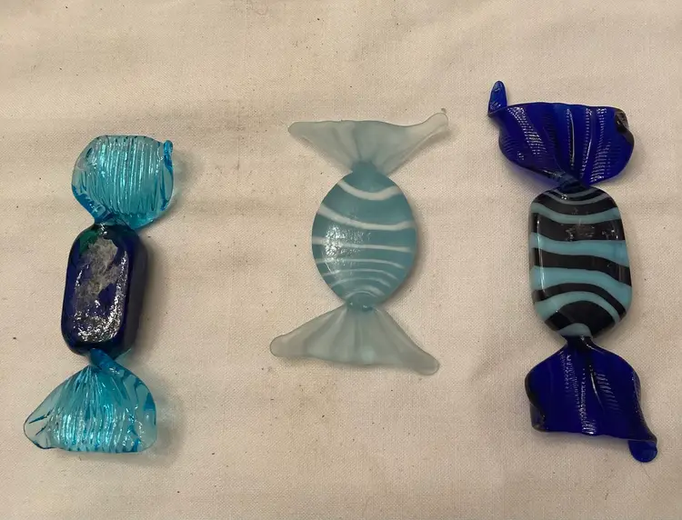 Three Pieces Of Blue Art Glass Candy