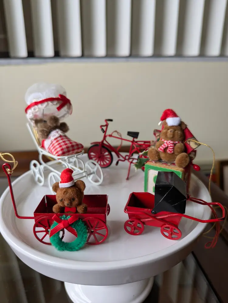 5 Vintage Christmas Bear in Wagon Ornaments red metal bicycle white stroller