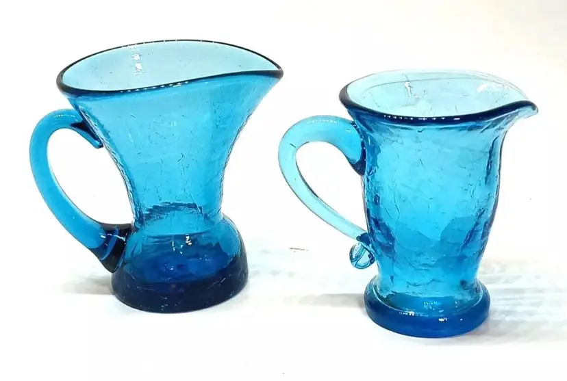 Lot Of 2 MCM Blue Crackle Hand Blown Art Glass Pitchers