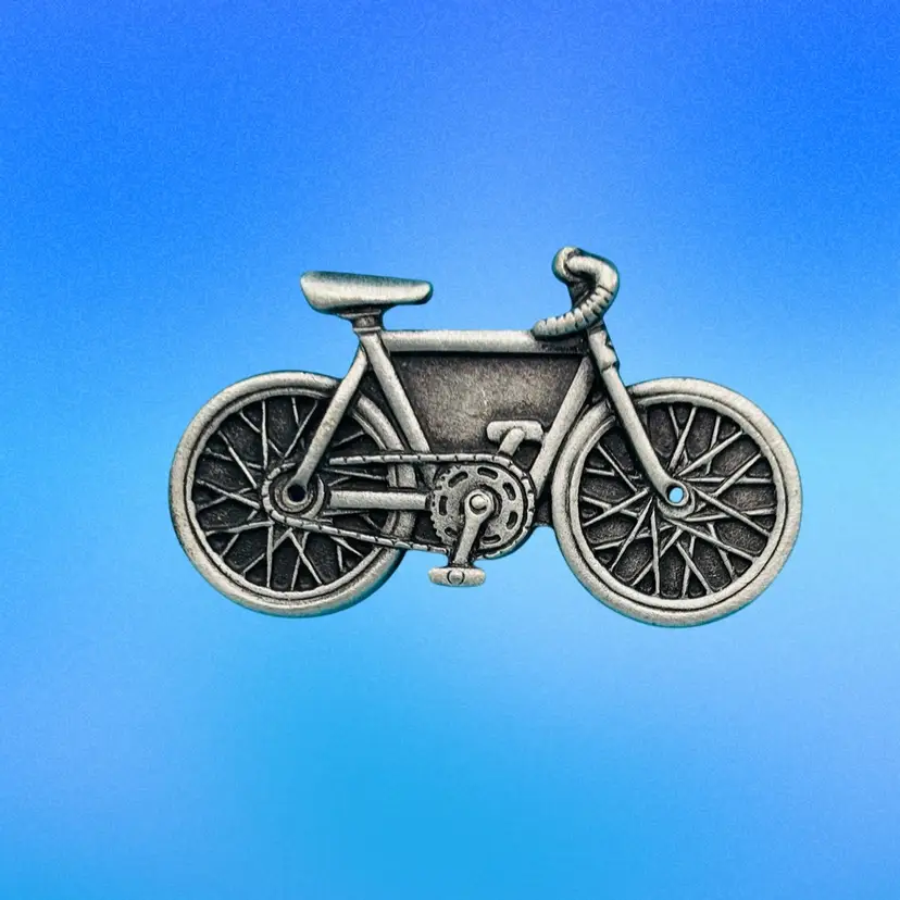 Vintage Ms. Dee Bicycle Brooch – Pewter-Tone Cycling Pin – 1980s–1990s Collectible