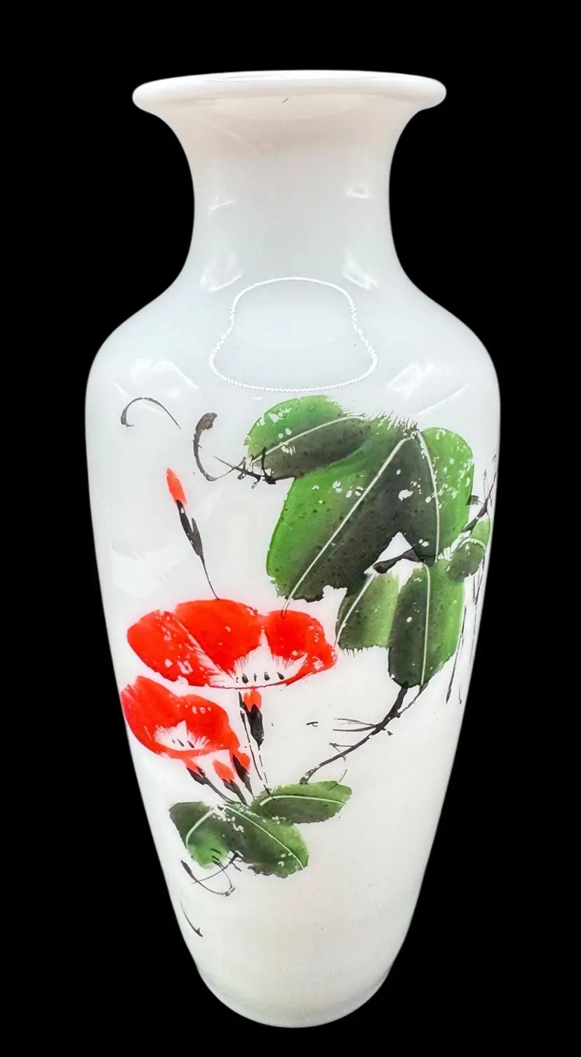 Vintage Hand Blown Painted White Opaline Glass Vase Floral Red Green 8”