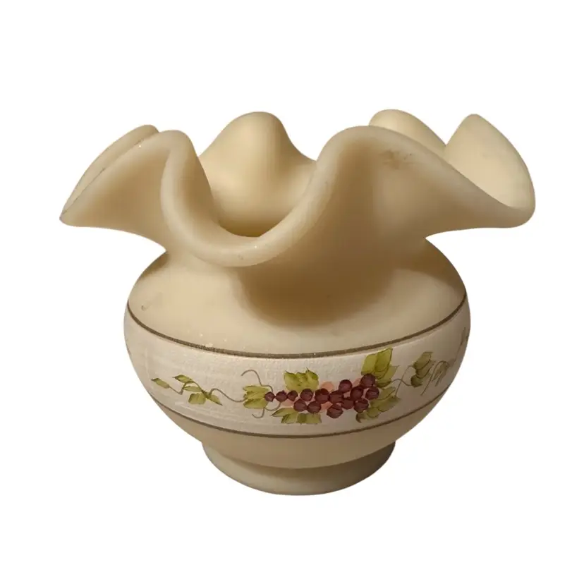 Fenton Custard Satin Glass Ruffled Rose Bowl / Vase