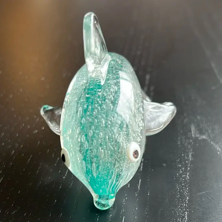 #01 - Dynasty Glass Dolphin Figurine Paperweight Blue Fused Eyes Bubbles Ocean Sea Coastal 3.25 x 3”