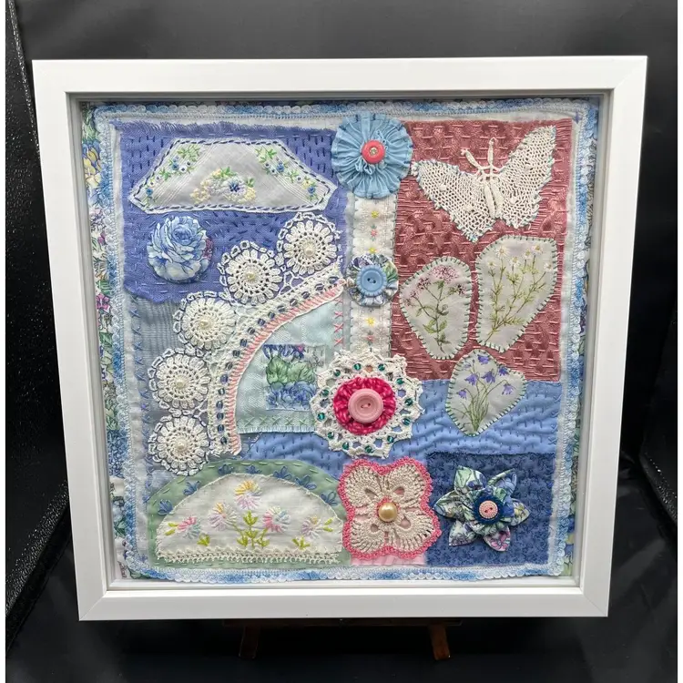 Made By Me Hand Sewn Fabric Collage Framed Art “Hankies And Lace”
