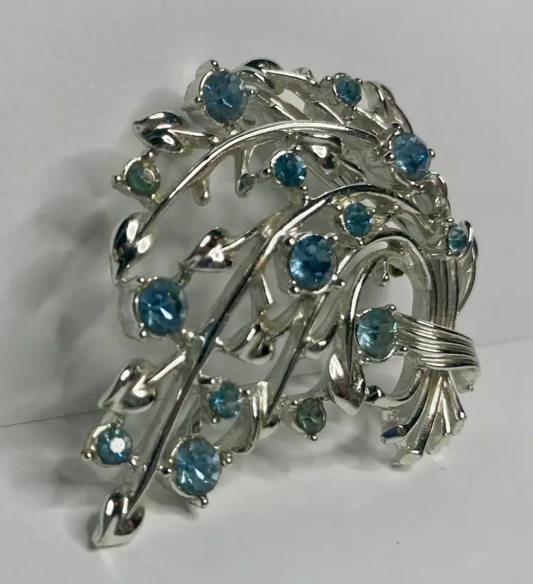 Silver Tone Blue Coro Flower Brooch Vintage
