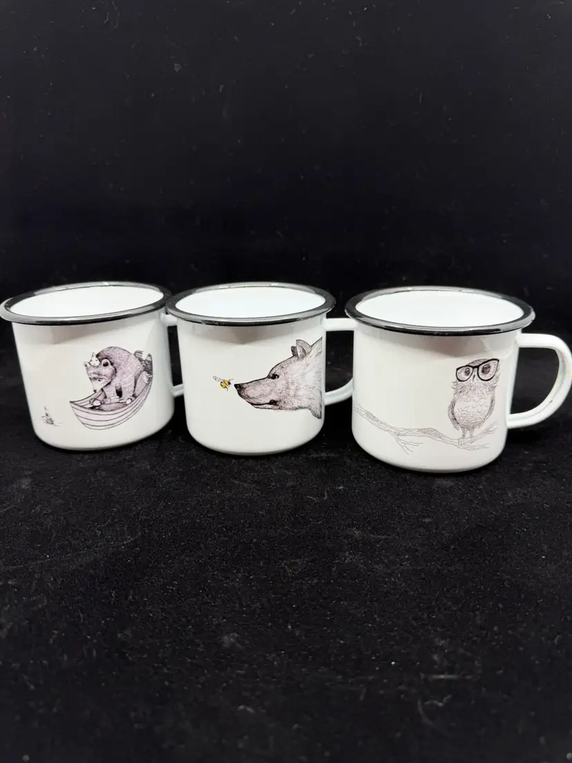 3 Ligarti Germany Enamel Camping Mugs Speckled Owl, The Encounter, Bears B’day