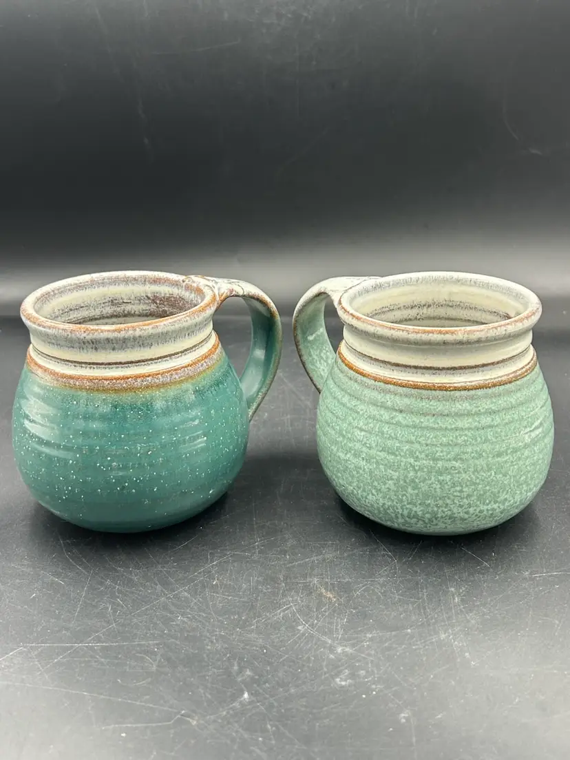2 Art Studio Pottery Glazed Green Mugs With Thumb Rests Artist Signed