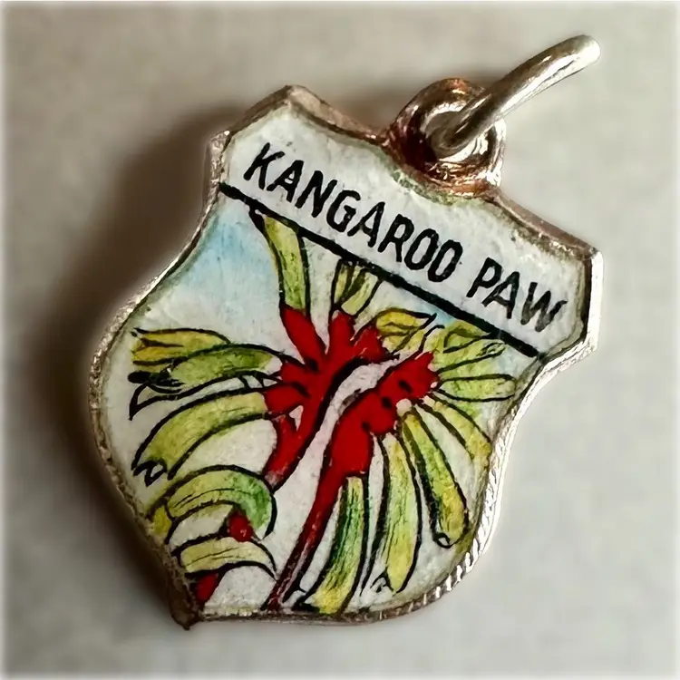 Australia - Kangaroo Paw - Vintage Enamel Souvenir Travel Shield Bracelet Charm - Silver Plate