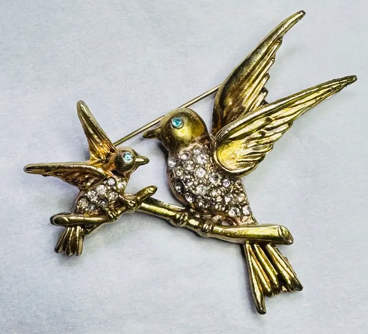 Rare Antique Art Deco Gold Plated Pot Metal & Rhinestone Birds On A Branch Brooch - Attributed To Coro