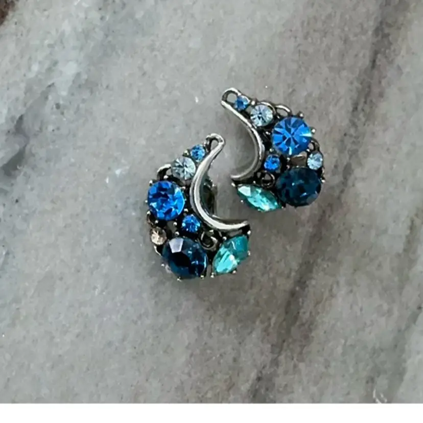 Vintage Lisner 1” Clip Back Earrings With Beautiful Blue Stones And Silver Tone Base Color