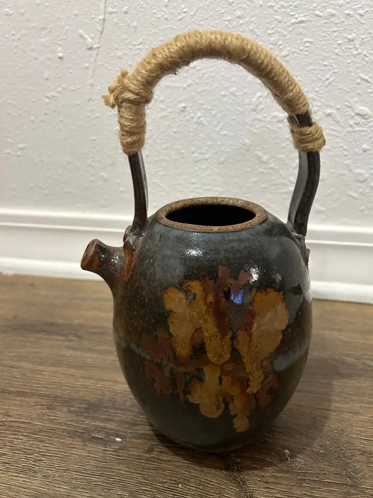 Vtg Handmade Signed Pottery Teapot With Cane twine Wrapped Handle