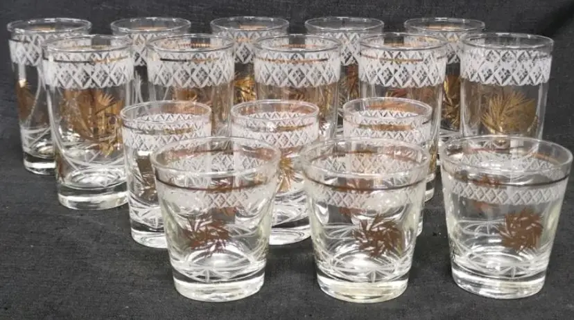16 MCM Dominion Bar Glasses Gold Pinwheel Pattern