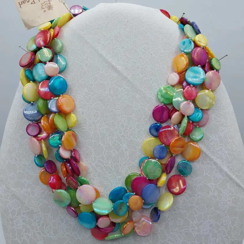 Vintage Thailand Pearl, Hand Made Gorgeous Multi-Colored Mother Of Pearl Shell 'Fruit Salad' Disc Necklace, NWT! STATEMENT PIECE!