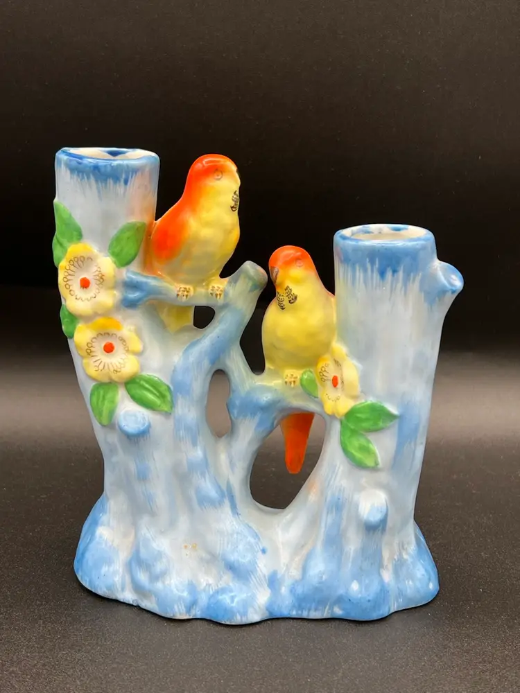 New! Vintage Ceramic Double Flower Vase/ Candle Holder  Birds / Parakeets Japan MCM