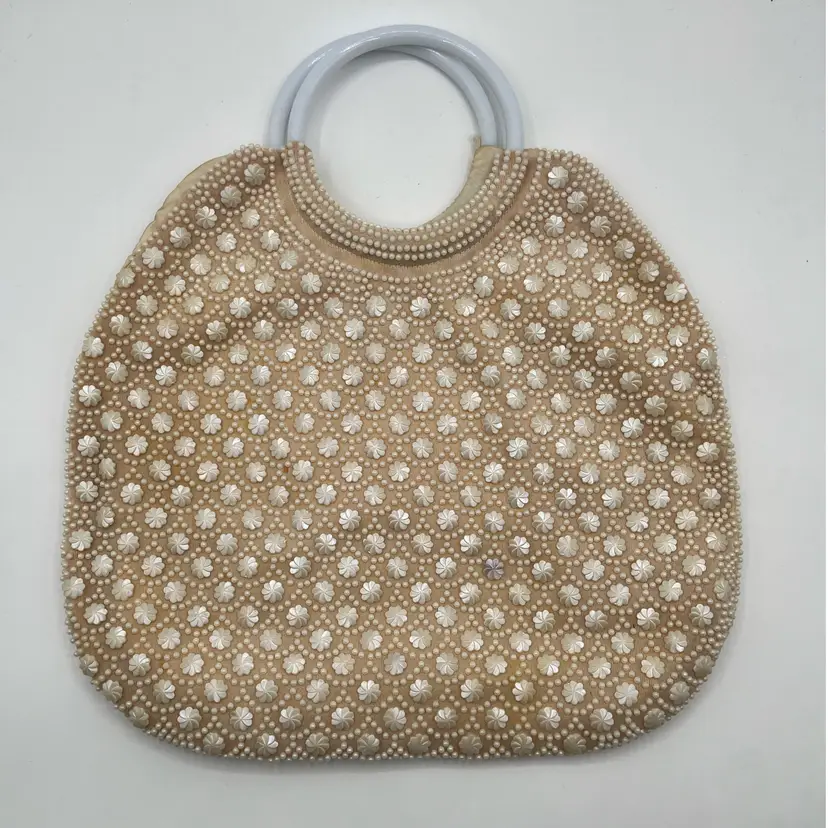 Vintage Beige/Peach Purse White Plastic Accents and Handles