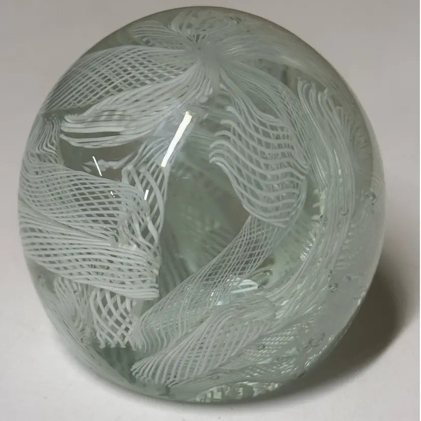 Hand-Blown Art Glass Paperweight White Latticino 3”