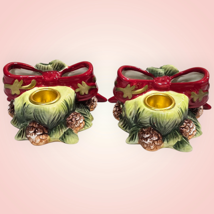 VTG Ceramic Christmas Wreath Candle Holders With Pinecones And Red Bow 3D