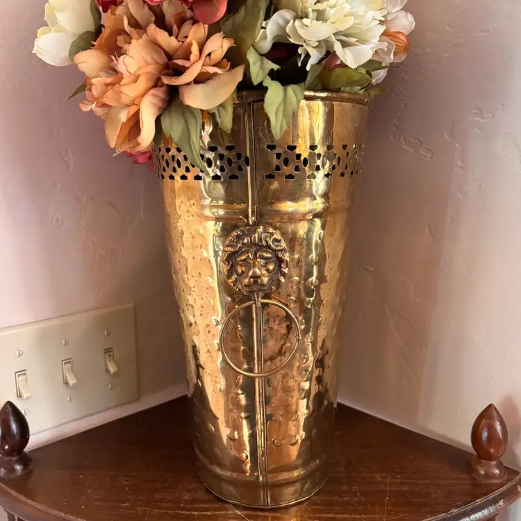 Vintage Lion Head Handled Hammered Pierced Brass Umbrella Holder Vase