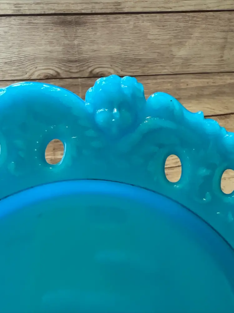 Antique Blue Opaline Cherub Plate Opaque Milk Glass Pierced Angels 9” Dithridge