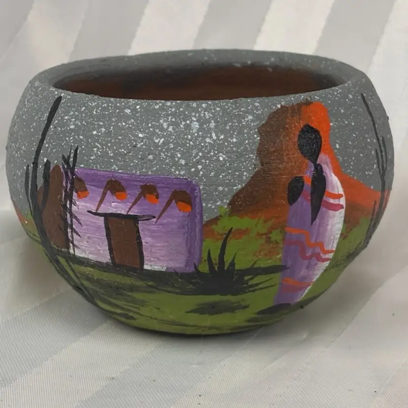 Mexican Southwestern Terracotta Hand Painted Purple Evening Sunset Pottery Planter 2.5”
