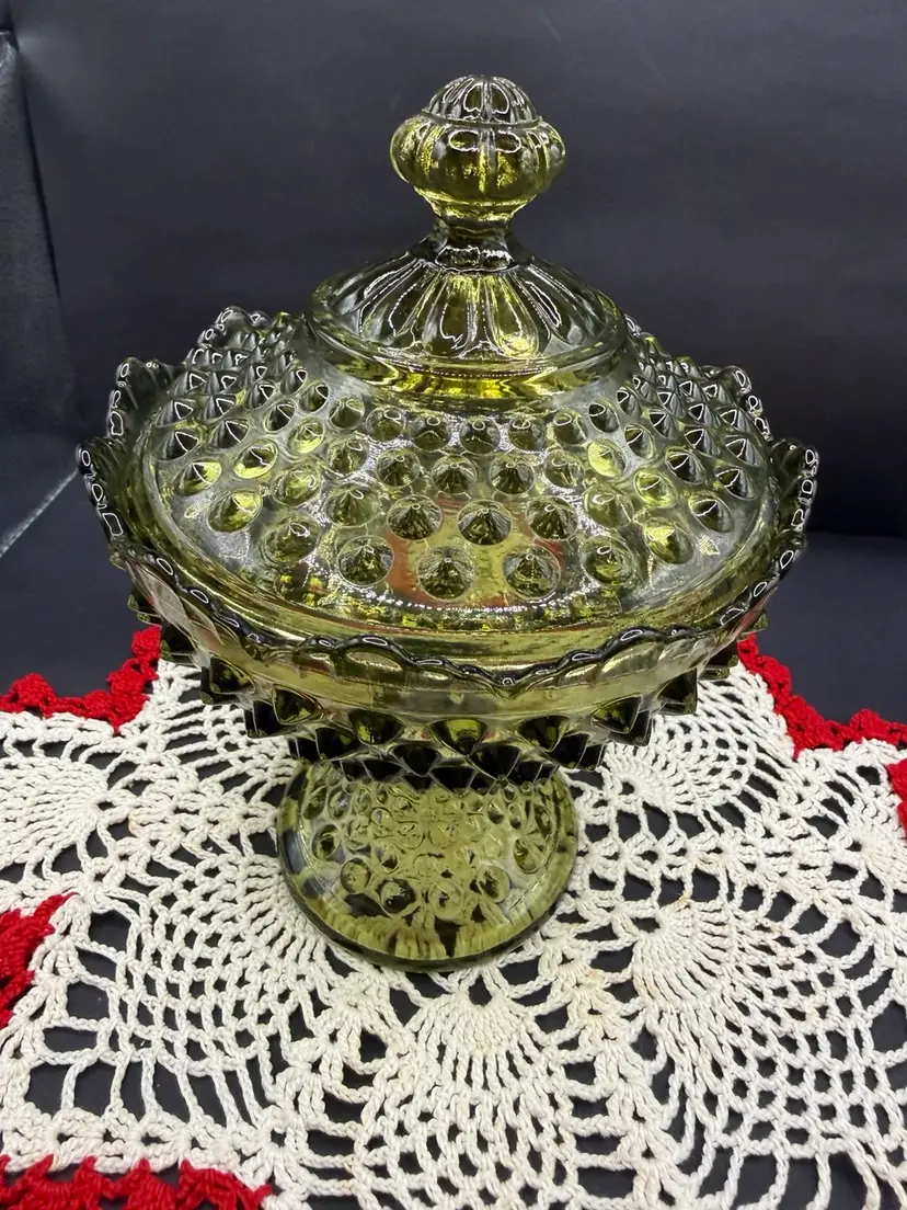 Vintage Fenton Glass Colonial Green Hobnail candy dish featuring a pedestal base and a scalloped rim