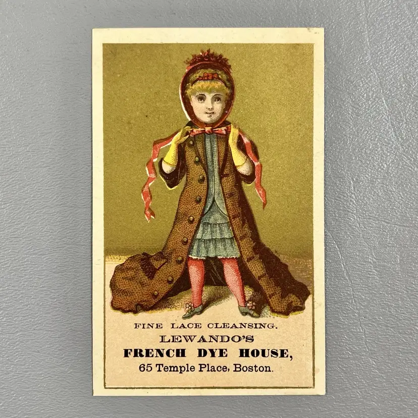 Victorian Trade Card Girl In Coat Bonnet Lewando's French Dye House Boston MA 4.5x3"
