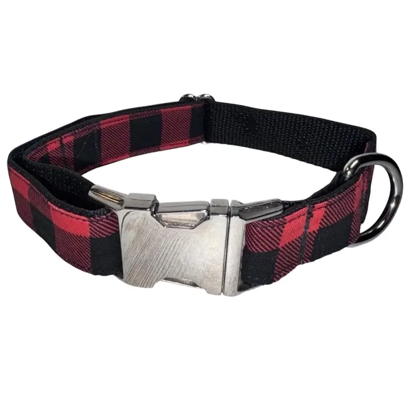 Dog Collar Red Buffalo Plaid Holiday Large Handmade Heavy Duty W/Buckle NEW