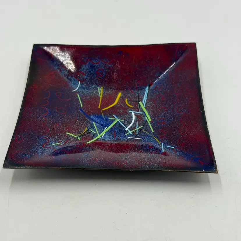 Enamel On Copper Small Square Beveled Trinket Ring Dish W/ Confetti Colorful