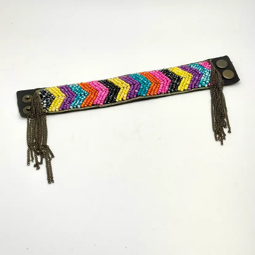 Multicoloured Chevron Stripe Fringe Beaded Cuff Snap Bracelet 7”