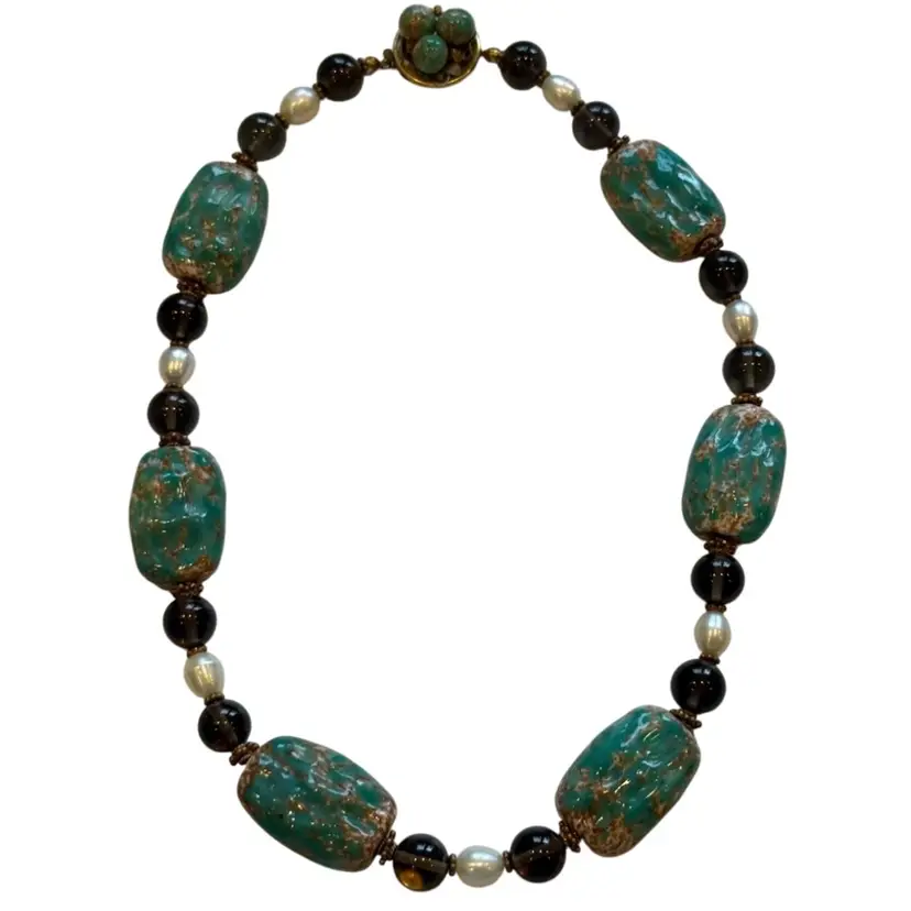 Vintage Mid-Century Turquiose Art Glass & Smokey Topaz Glass Bead Necklace w/ Faux Pearls 18”