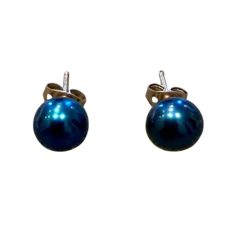 Sterling Silver 6mm Blue Dyed Genuine Freshwater Pearl Stud Earrings