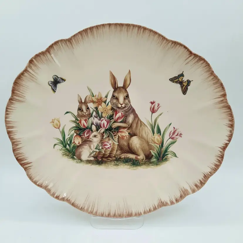 Bunny Rabbits Floral Butterfly Spring Easter Beige Serving Plate Platter