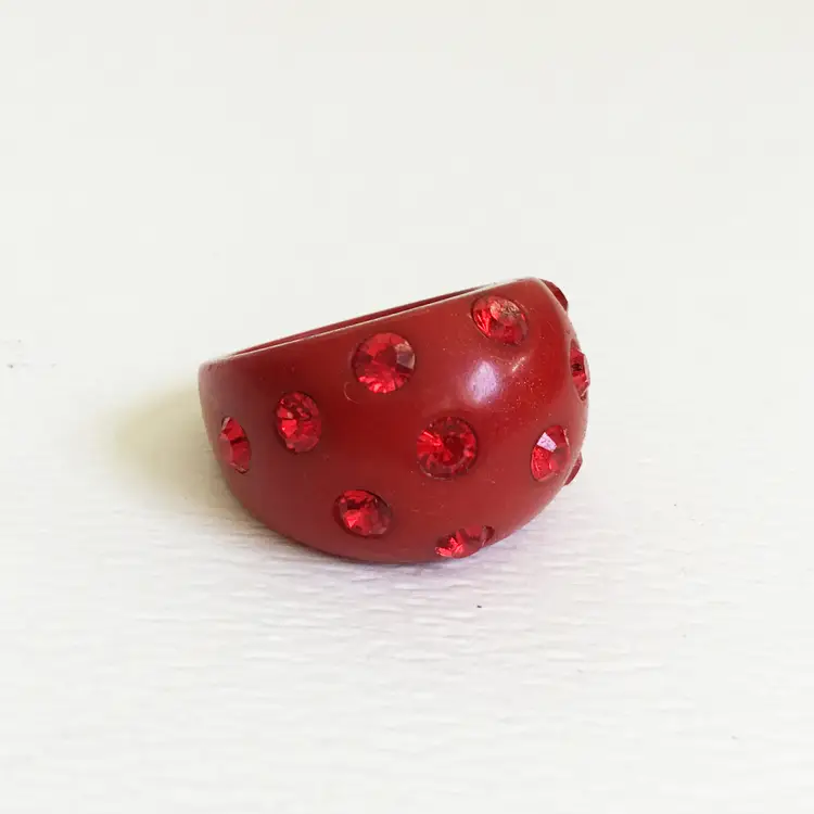 Red Dome Inset Ruby Colored Rhinestone Plastic Shimmery Mod Retro Plastic Ring