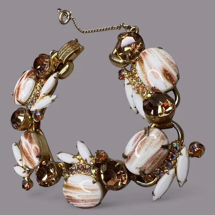 Vintage Juliana D&E Faux Aventurine Copper Fluss Milkglass & Topaz Rhinestones 7.25” Bracelet 5 Panel