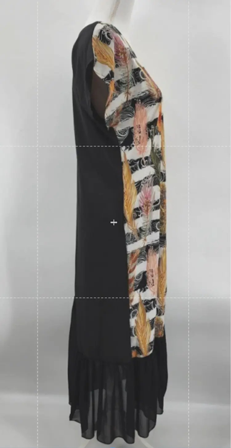 Takaya Siam Black Short Sleeve Long Maxi Feather Print Sheer Dress Medium NWOT