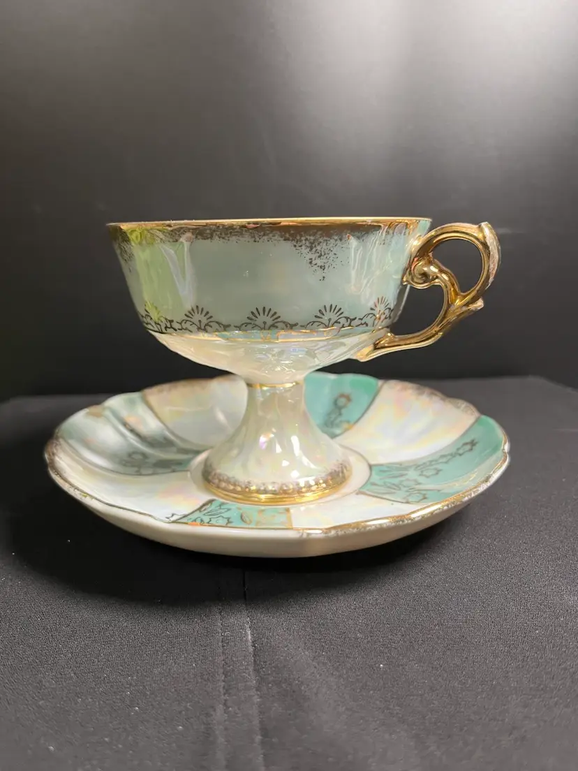 Lusterware & Iridescent Porcelain or Bone China Tea Cup w/ Pedestal & Victorian Style Handle & Saucer-Green & White w/ Gold Toned Painted Filigree