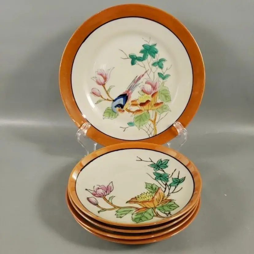 Vintage CHIKARAMACHI JAPAN Bird Lotus Flowers Luster Porcelain Plate Saucer Set