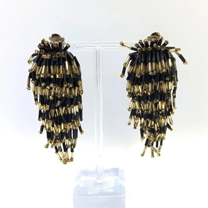Fabulous, Fun & Funky 1960s Gold & Black Glass Beaded Confetti Clip-on Earrings